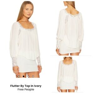 FREE PEOPLE Flutter By Top In Ivory Lace Trim Long Sleeve Blouse Size Large